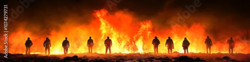 Group people standing front large fire appears Yom HaZikaron Reflecting