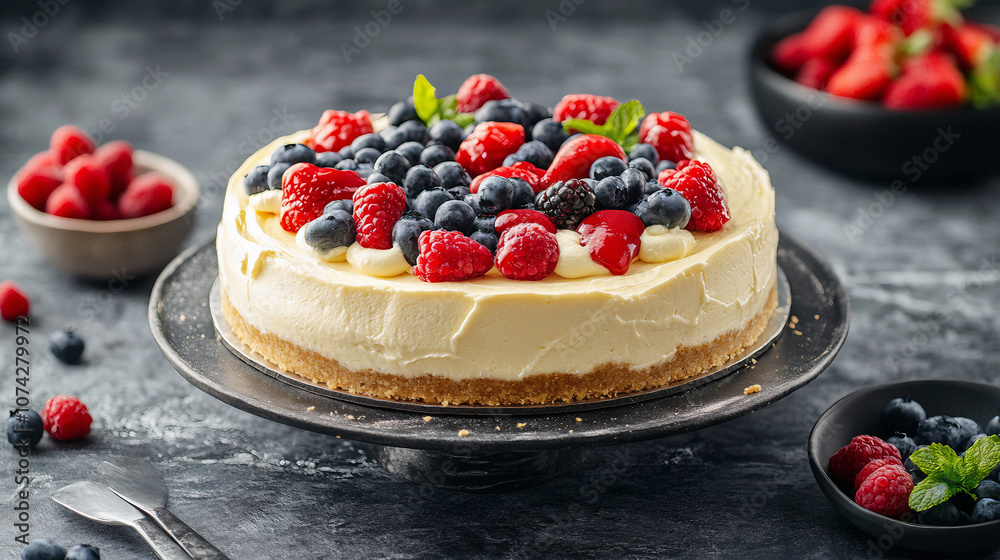 Classic cheesecake with berries. Suitable for marketing or business purposes. Panoramic banner with place for text Classic cheesecake with berries. Suitable for marketing or business purposes. Panoramic banner with place for text