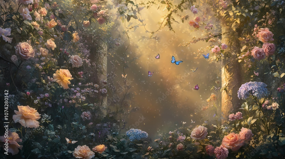 Obraz premium Fairy-tale garden filled with radiant flowers, iridescent butterflies, wisteria-covered arches, and glowing insects, creating a peaceful, timeless scene. 