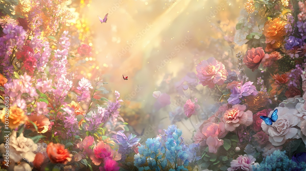 Naklejka premium Lush, otherworldly garden with colorful, gem-like flowers, dewdrop patterns, and mystical creatures, bathed in a dreamlike golden glow.