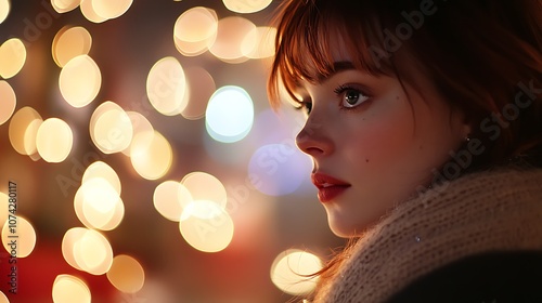 A Woman with Red Hair Gazing at Bokeh Lights