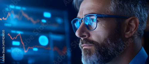 Focused professional analyzing financial data on digital screens in a modern office environment.