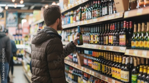 A man browsing through the alcoholfree section of a grocery store stocking up on new and interesting beverages to try during Dry January.