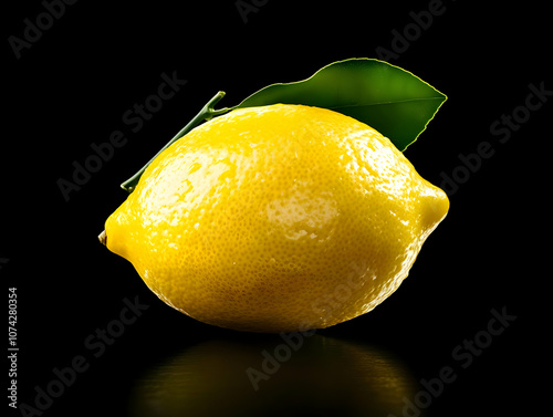 Fresh and vibrant lemon with green leaf on dark background, perfect for culinary and health-related themes. photo