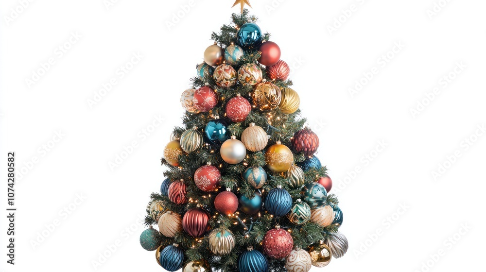 Decorated christmas tree with ornaments and lights, PNG style, transparent background for festive holiday designs Decorated christmas tree with ornaments and lights, PNG style, transparent background for festive holiday designs