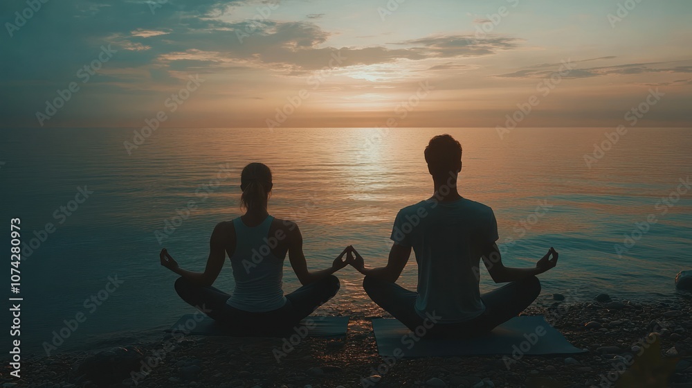 Silhouettes of a Couple Meditating on a Rocky Beach at Sunset Silhouettes of a Couple Meditating on a Rocky Beach at Sunset