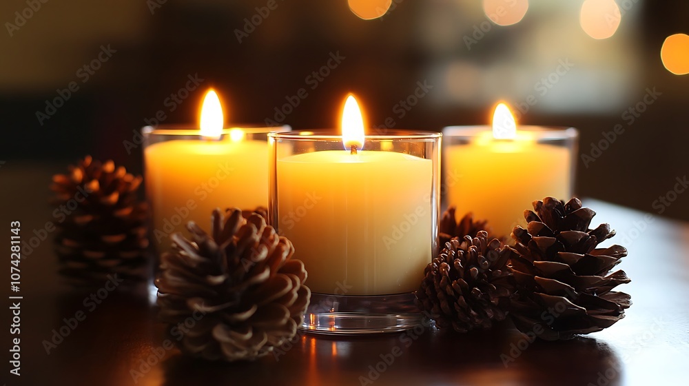 Three Lit Candles Surrounded by Pine Cones on a Tabletop Three Lit Candles Surrounded by Pine Cones on a Tabletop