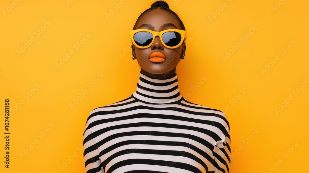Stylish Black Woman in Striped Shirt and Yellow Sunglasses Against Yellow Background Stylish Black Woman in Striped Shirt and Yellow Sunglasses Against Yellow Background