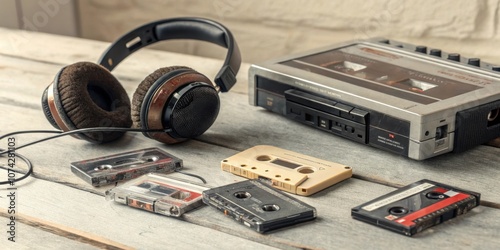 Timeless Tunes A fannedout collection of worn cassette tapes lies next to a beautifully designed cassette player the clunky headphones resting atop the player. The image radiates a photo