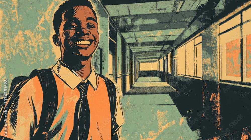 Retro illustration of a joyful African American high school student standing in a hallway and smiling Retro illustration of a joyful African American high school student standing in a hallway and smiling