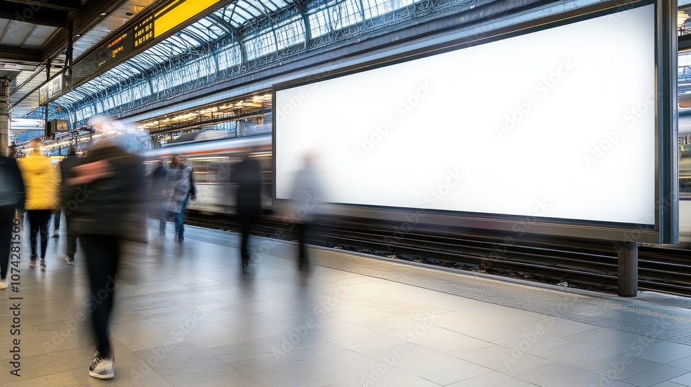 A blurred scene of a busy train station with an empty advertising billboard. A blurred scene of a busy train station with an empty advertising billboard.