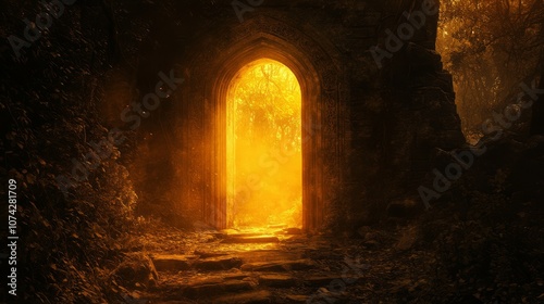 A stone archway with a bright, golden light emanating from it, leading into a dark, mysterious forest.