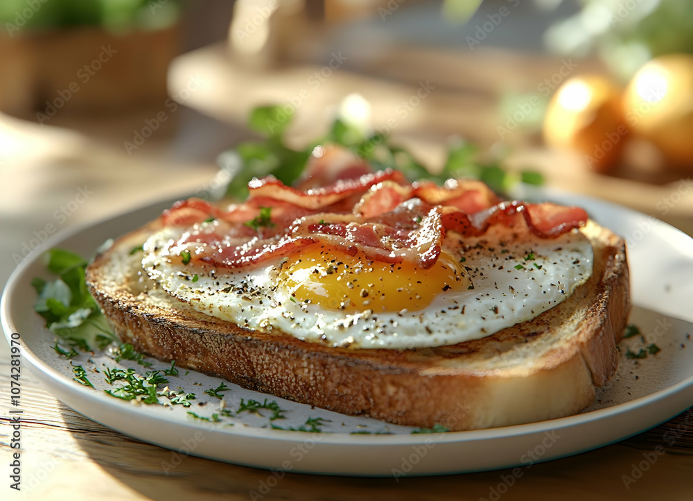 Savory breakfast plate featuring crispy bacon and a perfectly cooked egg on toasted bread. Savory breakfast plate featuring crispy bacon and a perfectly cooked egg on toasted bread.