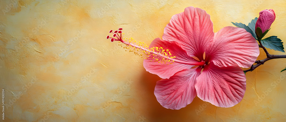 Stunning close-up of a vibrant pink hibiscus flower against a warm textured background. Stunning close-up of a vibrant pink hibiscus flower against a warm textured background.
