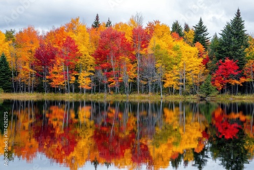 Vibrant Autumn Foliage Reflected in Calm Waters of a Scenic Pond Surrounded by Lush Green Pine Trees and Brilliantly Colored Maple Trees