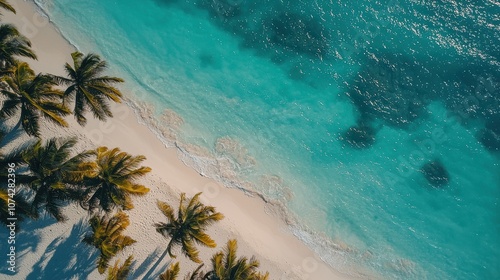 Aerial View of Pristine Tropical Beach with Crystal Clear Waters and Lush Palm Trees Framing the Serene Shoreline in a Sunny Paradise Setting