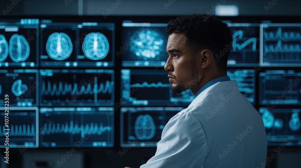 A medical professional analyzes advanced health data on screens, showcasing cutting-edge technology and insights into patient diagnostics. A medical professional analyzes advanced health data on screens, showcasing cutting-edge technology and insights into patient diagnostics.