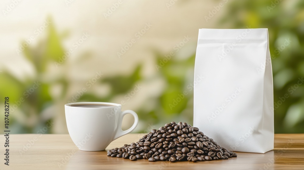 Freshly brewed coffee with beans and white packaging on table. Freshly brewed coffee with beans and white packaging on table.