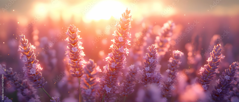 Fototapeta premium Vibrant lavender fields basking in the warm glow of a sunset, creating a calming and serene atmosphere.