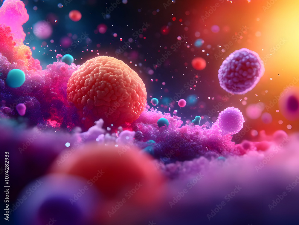 Vibrant microscopic view of colorful particles and cells, showcasing the beauty of unseen life in vivid detail. Vibrant microscopic view of colorful particles and cells, showcasing the beauty of unseen life in vivid detail.