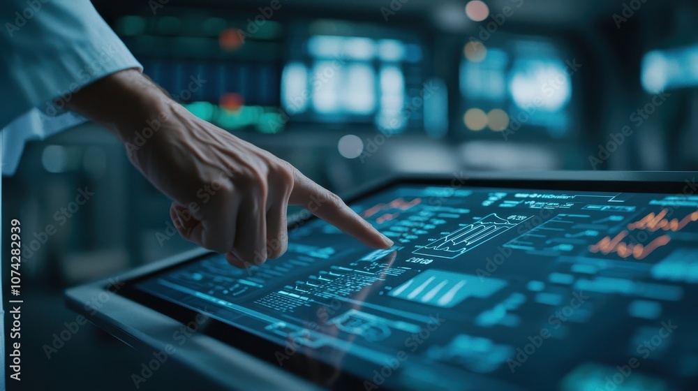 A hand interacts with a digital touchscreen displaying various graphs and data, indicative of advanced technology and analytics. A hand interacts with a digital touchscreen displaying various graphs and data, indicative of advanced technology and analytics.