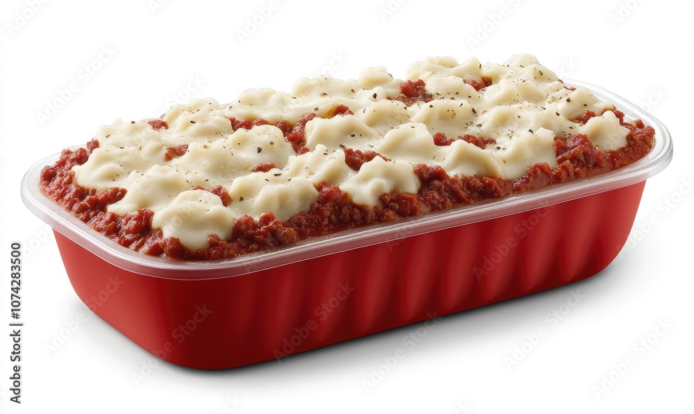 Delicious Mashed Potato and Tomato Sauce Dish in a Red Container Delicious Mashed Potato and Tomato Sauce Dish in a Red Container