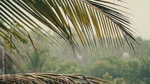 Slow motion rainfall over palm trees and red flowers on a tropical island