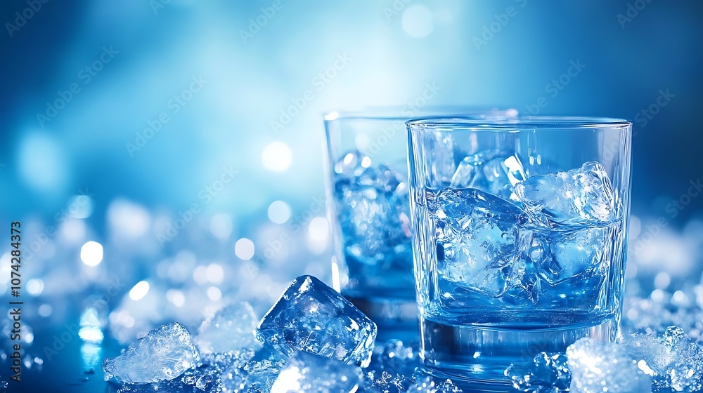 Two Glasses Filled with Ice Cubes and Water on a Blue Background Two Glasses Filled with Ice Cubes and Water on a Blue Background