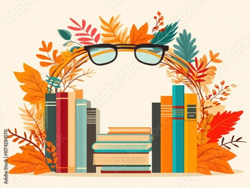 Vintage Themed Book Stack Surrounded by Autumn Leaves with a Pair of Glasses in a Cozy, Colorful Arrangement