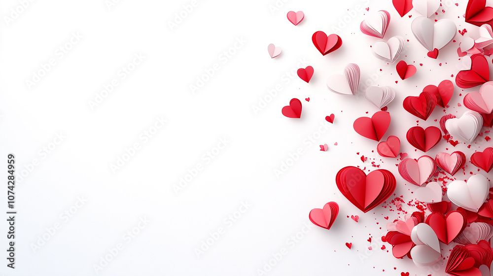 Romantic composition with red and pink paper hearts on white background. St. Valentine's Day Romantic composition with red and pink paper hearts on white background. St. Valentine's Day