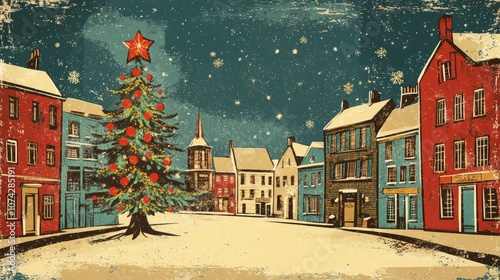 Vintage illustration of a charming old town scene with a festive tree