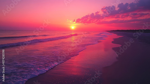 stunning sunset over beach in North Carolina, with vibrant pink and purple hues reflecting on