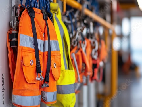 High visibility safety gear hanging on rack, showcasing vibrant colors and reflective strips, essential for worker safety in industrial environments