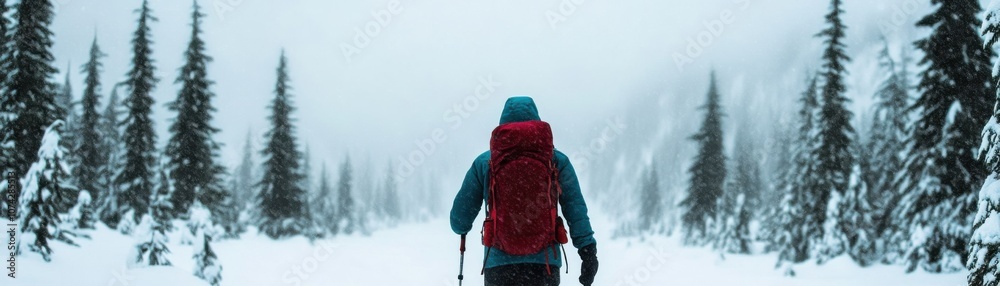 Hiker walking through snowy landscape in misty wilderness. Hiker walking through snowy landscape in misty wilderness.