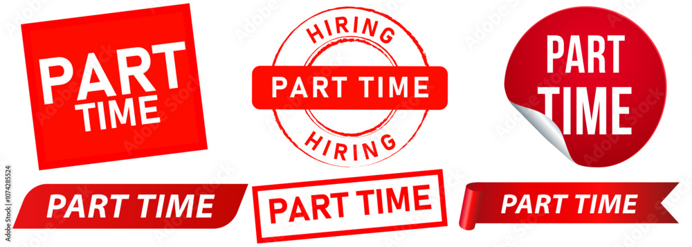 Part time job hiring stamp red color badge hired wanted looking recruitment employment working label sticker banner ribbon design icon set collection Part time job hiring stamp red color badge hired wanted looking recruitment employment working label sticker banner ribbon design icon set collection
