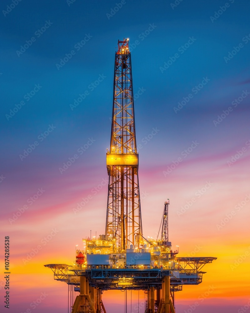 detailed shot of towering oil rig against vibrant sunset sky, showcasing its intricate structure and lighting. scene evokes sense of industrial beauty and innovation detailed shot of towering oil rig against vibrant sunset sky, showcasing its intricate structure and lighting. scene evokes sense of industrial beauty and innovation