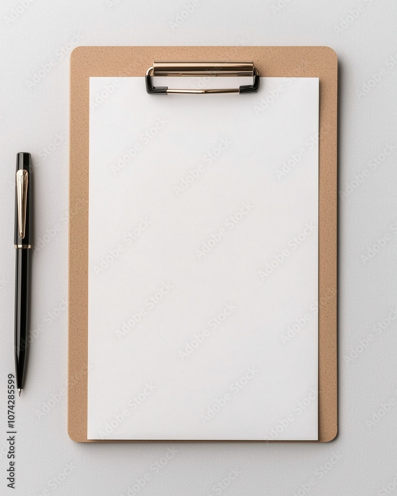 Elegant clipboard with black gel pen on minimalist background, perfect for note taking or presentations Elegant clipboard with black gel pen on minimalist background, perfect for note taking or presentations
