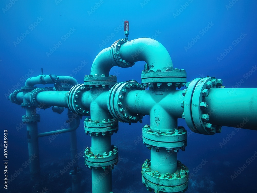 Subsea manifold with intricate piping system in deep blue water, showcasing detailed connections and valves. structure highlights engineering precision and underwater exploration Subsea manifold with intricate piping system in deep blue water, showcasing detailed connections and valves. structure highlights engineering precision and underwater exploration