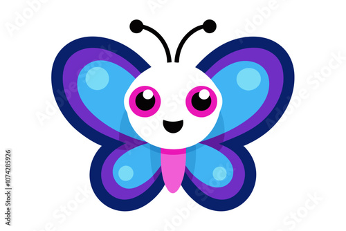 A cute butterfly die-cut sticker, digital drawing. The butterfly has a cheerful expression, with large round eyes and a small smile. The wings are vibrant with colorful patterns in shades of blue, pur