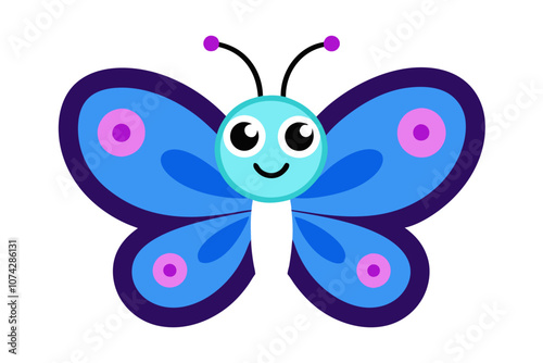 A cute butterfly die-cut sticker, digital drawing. The butterfly has a cheerful expression, with large round eyes and a small smile. The wings are vibrant with colorful patterns in shades of blue, pur