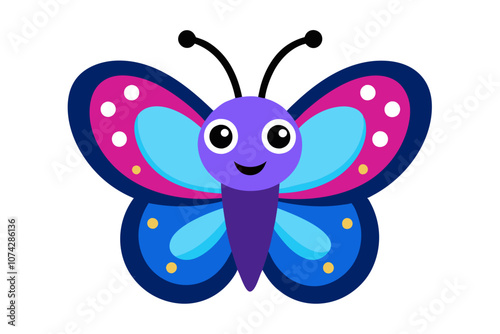 A cute butterfly die-cut sticker, digital drawing. The butterfly has a cheerful expression, with large round eyes and a small smile. The wings are vibrant with colorful patterns in shades of blue, pur