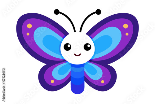 A cute butterfly die-cut sticker, digital drawing. The butterfly has a cheerful expression, with large round eyes and a small smile. The wings are vibrant with colorful patterns in shades of blue, pur