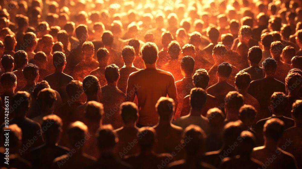 Obraz premium A crowd of people with one individual standing out, illuminated by warm light.