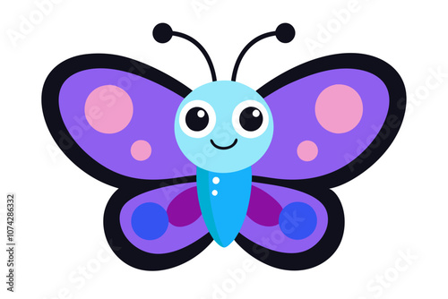 A cute butterfly die-cut sticker, digital drawing. The butterfly has a cheerful expression, with large round eyes and a small smile. The wings are vibrant with colorful patterns in shades of blue, pur