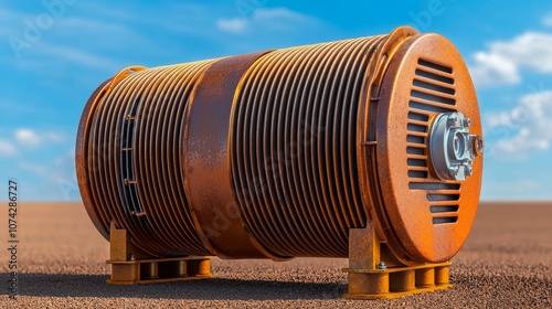 Close-up of industrial air conditioner compressor, rooftop scene, rustproof metal against brown cement, technology for cooling large spaces