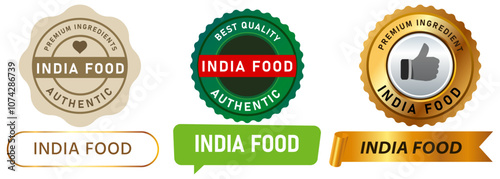 India food traditional cuisine restaurant premium ingredients tasty stamp colorful badge sticker label emblem ribbon design icon set collection