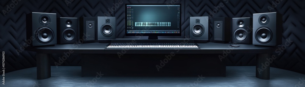 Modern audio workstation setup with speakers and computer. Modern audio workstation setup with speakers and computer.