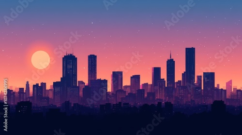 A silhouette of a cityscape at sunset with a large glowing sun.