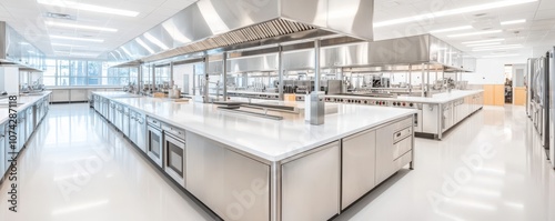 Modern commercial kitchen with stainless steel surfaces and equipment.