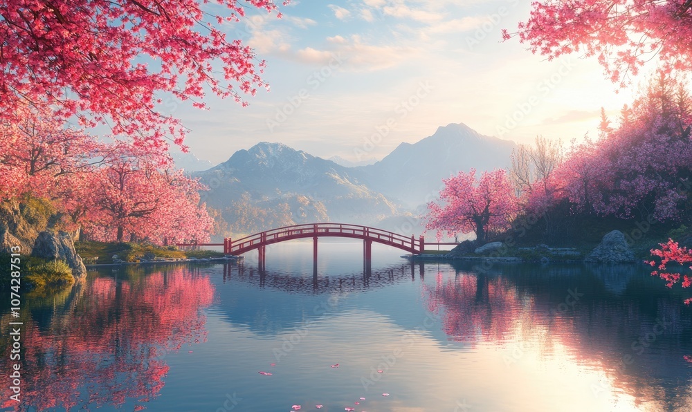 Tranquil Bridge Over Lake, Surrounded by Blossoming Trees in Mountain Scenery Tranquil Bridge Over Lake, Surrounded by Blossoming Trees in Mountain Scenery